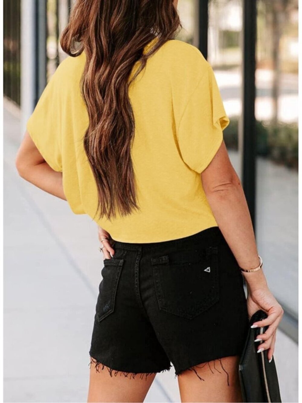 Women's Yellow Short Sleeve Crew Neck Loose Casual Drop Shoulder Crop Tops - Picture 3 of 4